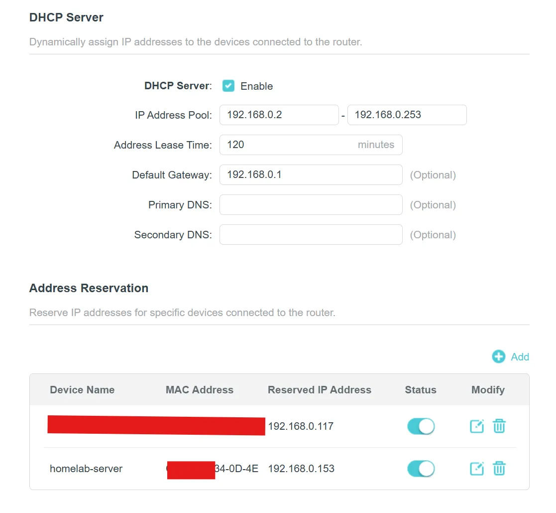 DHCP address reservation